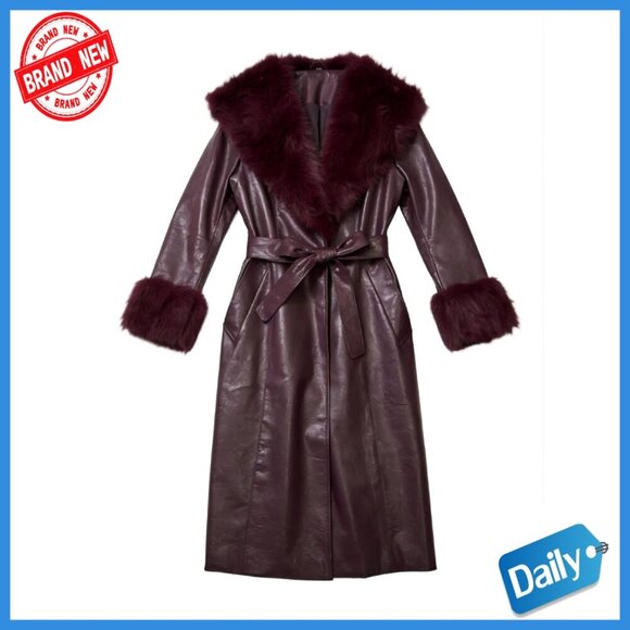 Jackets & Blazers - Leather Coat with Faux Fur Trim, Belted Long Overcoat, Slim Fit